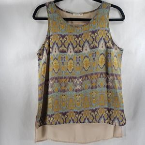Soprano Olive Green, Yellow & Tan Size XS Sleeveless Boho Round Neck Hi-Lo Top
